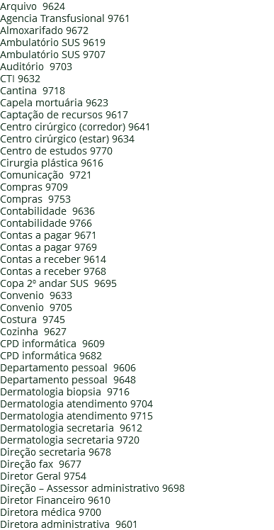 Arquivo 9624 Agencia Transfusional 9761 Almoxarifado 9672 Ambulatório SUS 9619 Ambulatório SUS 9707 Auditório 9703 CTI 9632 Cantina 9718 Capela mortuária 9623 Captação de recursos 9617 Centro cirúrgico (corredor) 9641 Centro cirúrgico (estar) 9634 Centro de estudos 9770 Cirurgia plástica 9616 Comunicação 9721 Compras 9709 Compras 9753 Contabilidade 9636 Contabilidade 9766 Contas a pagar 9671 Contas a pagar 9769 Contas a receber 9614 Contas a receber 9768 Copa 2º andar SUS 9695 Convenio 9633 Convenio 9705 Costura 9745 Cozinha 9627 CPD informática 9609 CPD informática 9682 Departamento pessoal 9606 Departamento pessoal 9648 Dermatologia biopsia 9716 Dermatologia atendimento 9704 Dermatologia atendimento 9715 Dermatologia secretaria 9612 Dermatologia secretaria 9720 Direção secretaria 9678 Direção fax 9677 Diretor Geral 9754 Direção – Assessor administrativo 9698 Diretor Financeiro 9610 Diretora médica 9700 Diretora administrativa 9601